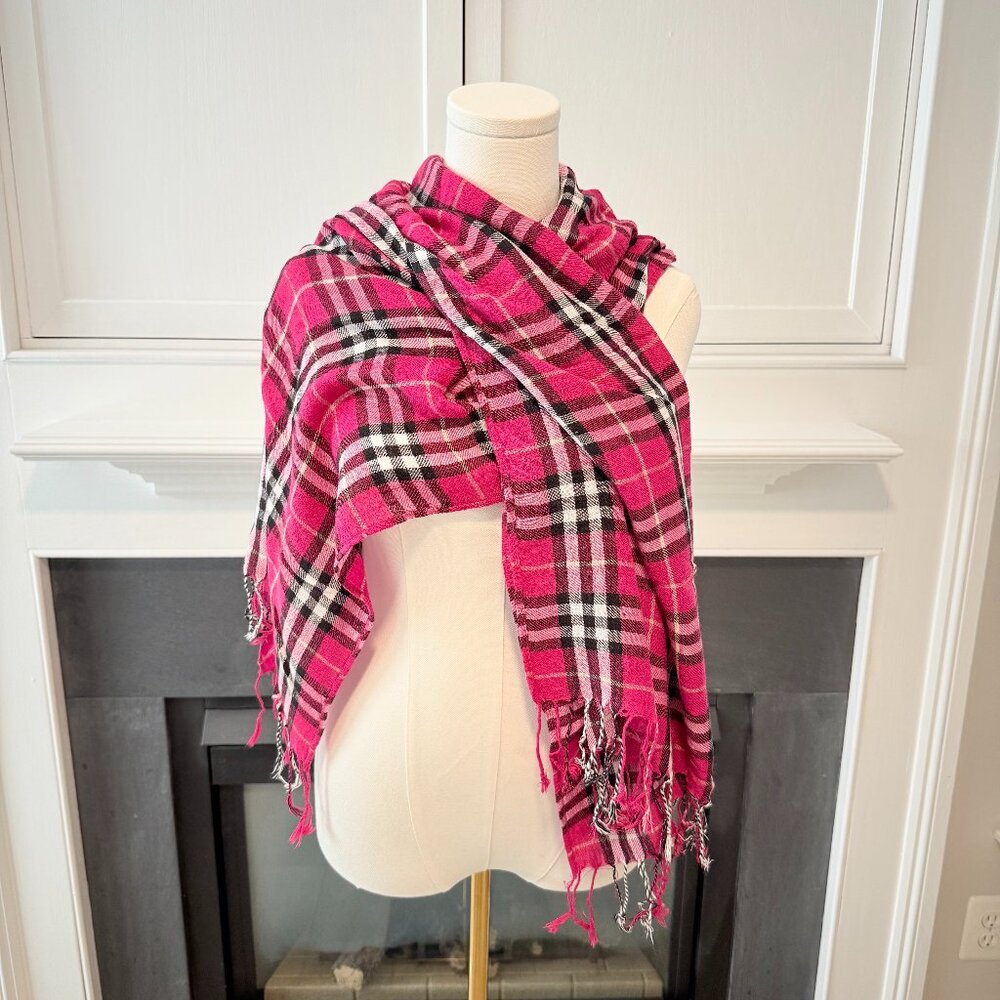 💖 Pink Plaid Fringe Scarf | Cozy Oversized Wrap